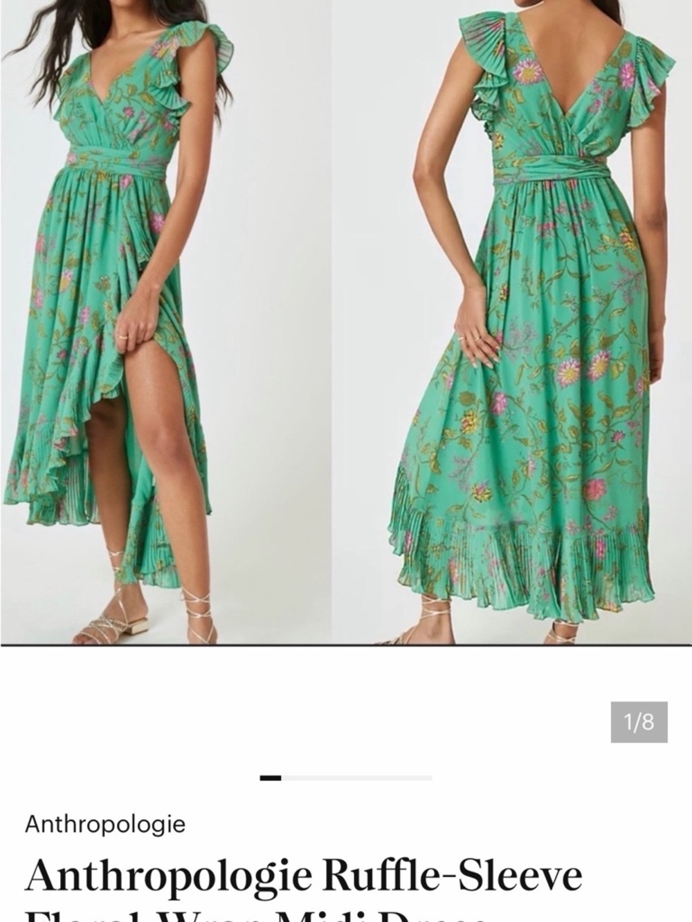 Anthropologie Teal Floral Ruffle-Sleeve Midi Dress